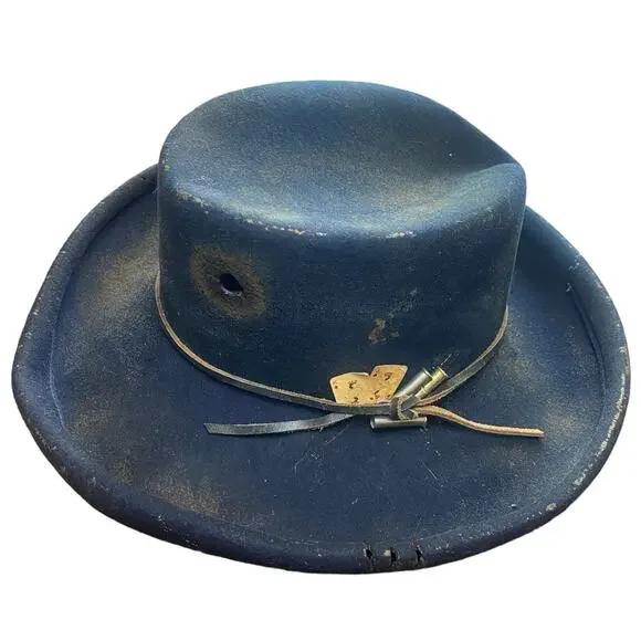 Black wool hat with handmade burn details, bullet holes, & playing cards AWESOME Black wool hat with handmade burn details, bullet holes  main image 2